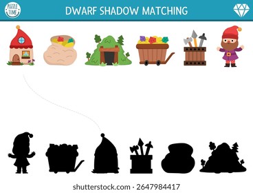 Sombra combinando atividade com anão bonito. Conto de fadas com gnomo, casa, minha, carrinho com tesouro, saco com pedras. Encontre silhueta correta planilha imprimível, jogo. Página de floresta mágica para criança
