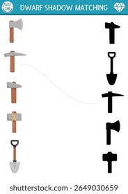 Atividade de correspondência de sombra com ferramentas anãs bonitas. Conto de fadas quebra-cabeça com gnome ax, pá, picareta, martelo. Encontre silhueta correta planilha imprimível ou jogo. Página da floresta mágica para crianças 
