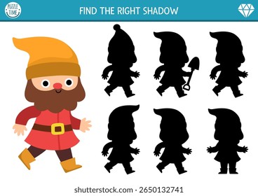 Shadow matching activity with cute dwarf. Fairytale puzzle with gnome. Find correct silhouette printable worksheet or game. Magic forest page for kids with fantasy creature
