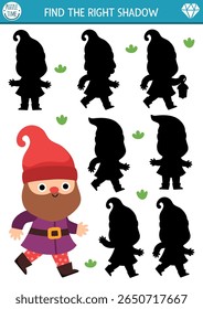 Shadow matching activity with cute dwarf. Fairytale puzzle with gnome. Find correct silhouette printable worksheet or game. Magic forest page for kids with fantasy creature
