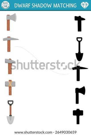 Shadow matching activity with cute dwarf tools. Fairytale puzzle with gnome ax, spade, pickaxe, hammer. Find correct silhouette printable worksheet or game. Magic forest page for kids 
