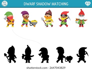 Sombra combinando atividade com anãs bonitos. Conto de fadas com gnome jardineiro, lenhador, mineiro. Encontre silhueta correta planilha imprimível ou jogo. Página da floresta mágica para crianças 
