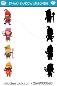 Shadow matching activity with cute dwarfs. Fairytale puzzle with gnome gardener, girl, blacksmith. Find correct silhouette printable worksheet or game. Magic forest page for kids 
