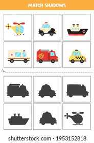 Shadow Matching Cards For Preschool Kids. Cartoon Transportation Means.