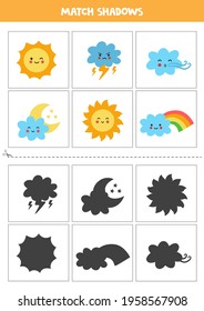 Shadow matching cards for preschool kids. Cartoon kawaii weather phenomenon.