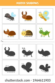 Shadow matching cards for preschool kids. Cute insects.