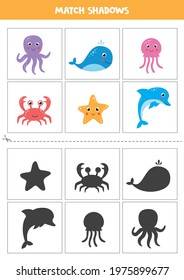 Shadow matching cards for preschool kids. Set of cute sea animals.