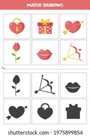 Shadow matching cards for preschool kids. Cartoon valentine elements.