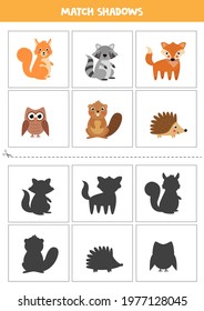 Shadow matching cards for preschool kids. Cute woodland animals.