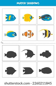 Shadow matching cards for preschool kids. Cute sea fish.