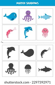 Shadow matching cards for preschool kids. Cute sea animals.