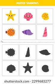 Shadow matching cards for preschool kids. Cute sea animals.