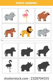 Shadow matching cards for preschool kids. Cute African animals.