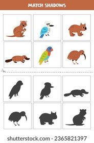 Shadow matching cards for preschool kids. Cute Australian animals.