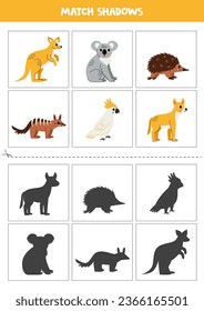 Shadow matching cards for preschool kids. Cute Australian animals.