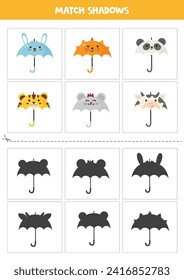 Shadow matching cards for preschool kids. Cute and colorful animal umbrellas.
