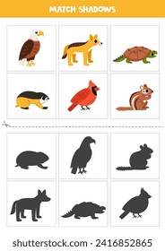 Shadow matching cards for preschool kids. Cute North American animals.