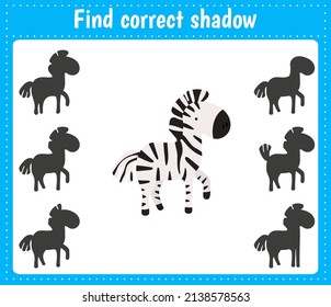 Shadow matching children educational game. Find the right shadow task for kids. Find the correct shadow zebra