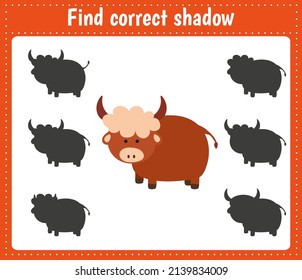 Shadow matching children educational game. Find the right shadow task for kids. Find the correct shadow yak