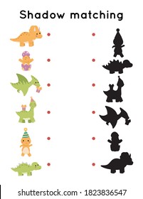 Shadow matching educational game for preschool children. Cute cartoon dinosaurs with Birthday hats. Kawaii vector characters. Printable worksheet.