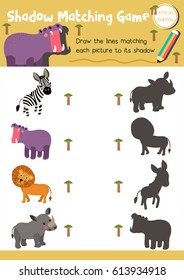 Shadow matching game of african animals for preschool kids activity worksheet layout in A4 colorful printable version. Vector Illustration.
