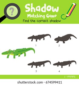 Shadow matching game of alligator animals for preschool kids activity worksheet colorful version. Vector Illustration.