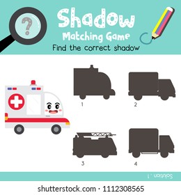 Shadow matching game of Ambulance side view transportations for preschool kids activity worksheet colorful version. Vector Illustration.