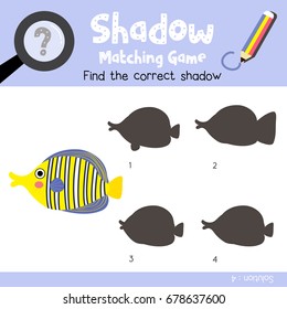 Shadow matching game of Angelfish animals for preschool kids activity worksheet colorful version. Vector Illustration.
