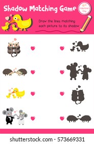 Shadow matching game of animals for preschool kids activity worksheet in Valentines Day theme colorful printable version layout in A4.