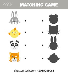 Shadow matching game with animals. Vector Illustration of make the right choice and connect shadow matching. Hare, chicken, panda cat