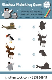 Shadow matching game of arctic animals for preschool kids activity worksheet layout in A4 colorful printable version. Vector Illustration.