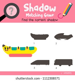 Shadow matching game of Banana Boat side view transportations for preschool kids activity worksheet colorful version. Vector Illustration.