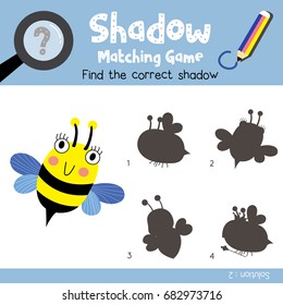Shadow matching game of Bee flying animals for preschool kids activity worksheet colorful version. Vector Illustration.