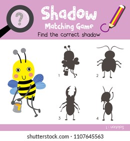 Shadow matching game of Big Bee flying with jar of honey animals for preschool kids activity worksheet colorful version. Vector Illustration.