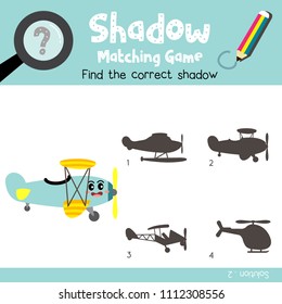 Shadow matching game of Biplane side view transportations for preschool kids activity worksheet colorful version. Vector Illustration.