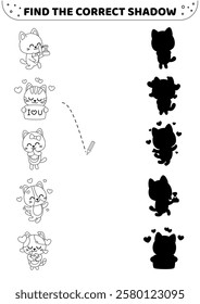 Shadow matching game. Black and white. Kittens in love. Find the correct shadow. Isolated vector illustration eps 10