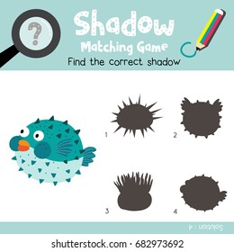 Shadow matching game of Blowfish animals for preschool kids activity worksheet colorful version. Vector Illustration.
