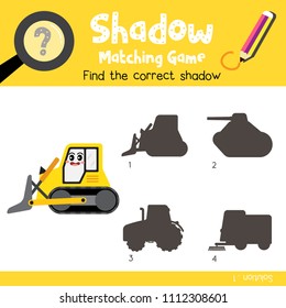 Shadow matching game of Bulldozer side view transportations for preschool kids activity worksheet colorful version. Vector Illustration.