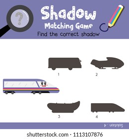 Shadow Matching Game Of Bullet Train Side View Transportations For Preschool Kids Activity Worksheet Colorful Version. Vector Illustration.