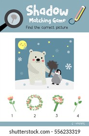 Shadow matching game by finding the correct picture of flower for preschool kids activity worksheet in Valentines Day theme colorful printable version layout in A4.