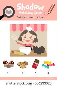 Shadow matching game by finding the correct picture of cupcake for preschool kids activity worksheet in Valentines Day theme colorful printable version layout in A4.