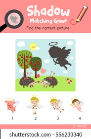 Shadow matching game by finding the correct picture of cupid for preschool kids activity worksheet in Valentines Day theme colorful printable version layout in A4.