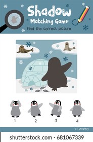 Shadow matching game by finding the correct picture of Funny Penguin and igloo animals for preschool kids activity worksheet colorful printable version layout in A4 vector illustration.