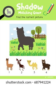 Shadow matching game by finding the correct picture of dark brown alpaca animals for preschool kids activity worksheet colorful printable version layout in A4 vector illustration.