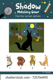 Shadow matching game by finding the correct picture of Howling Coyote animals for preschool kids activity worksheet colorful printable version layout in A4 vector illustration.