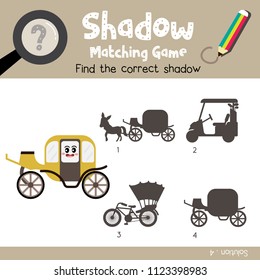 Shadow matching game of Carriage cartoon character side view transportations for preschool kids activity worksheet colorful version. Vector Illustration.