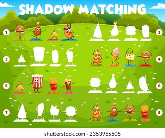 Shadow matching game. Cartoon fast food characters on yoga vector worksheet with puzzle quiz, riddle or attention test. Match and connect funny personages of burger, pizza, hot dog and chicken leg