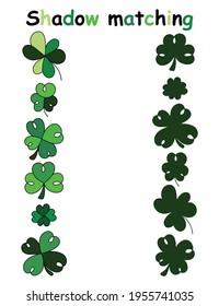 Shadow matching game with cartoon hand-drawn green clovers educational printable activity page for kids stock vector illustration