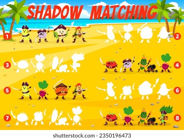 Juego de sombra, caricatura de piratas vegetales o personajes de corsario. Encontrar una silueta correcta de calabaza, coliflor, soja y rábano. Ajo, aguacate y calabaza o pepino con tomate