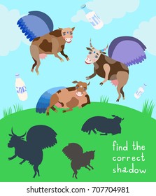 Shadow matching game for children with cute animals. Find the right cow shadow.